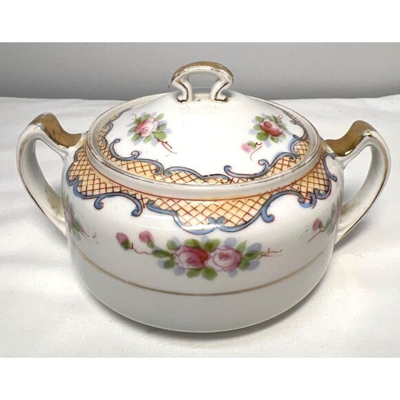 Nippon Vintage Hand-Painted Porcelain Sugar Bowl With Lid & Floral Design - Picture 1 of 5